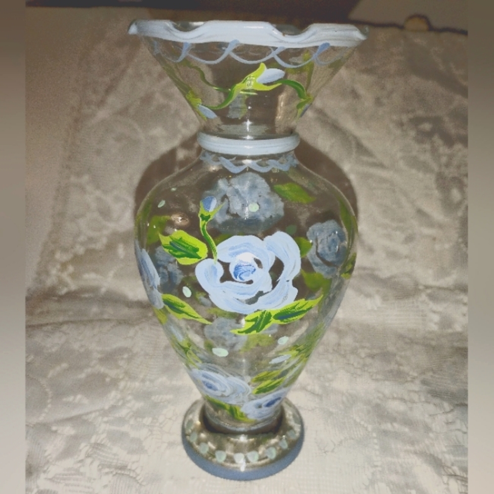 Tracey Porter handpainted glass vase. Vintage collectable blue flowers